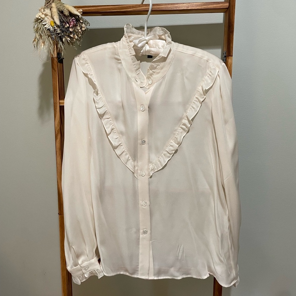 Nili Lotan Cream Ruffled Long Sleeve Blouse